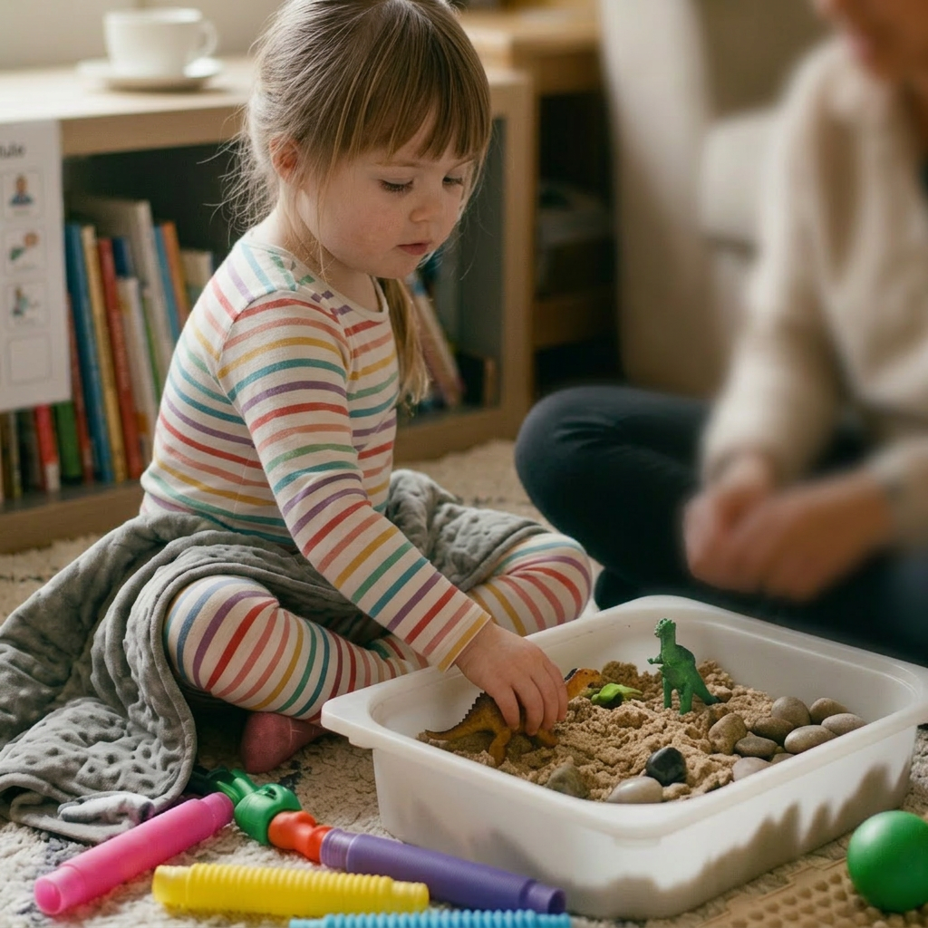 Caregiver and child playing with sand and toy dinosaurs in a sensory bin.